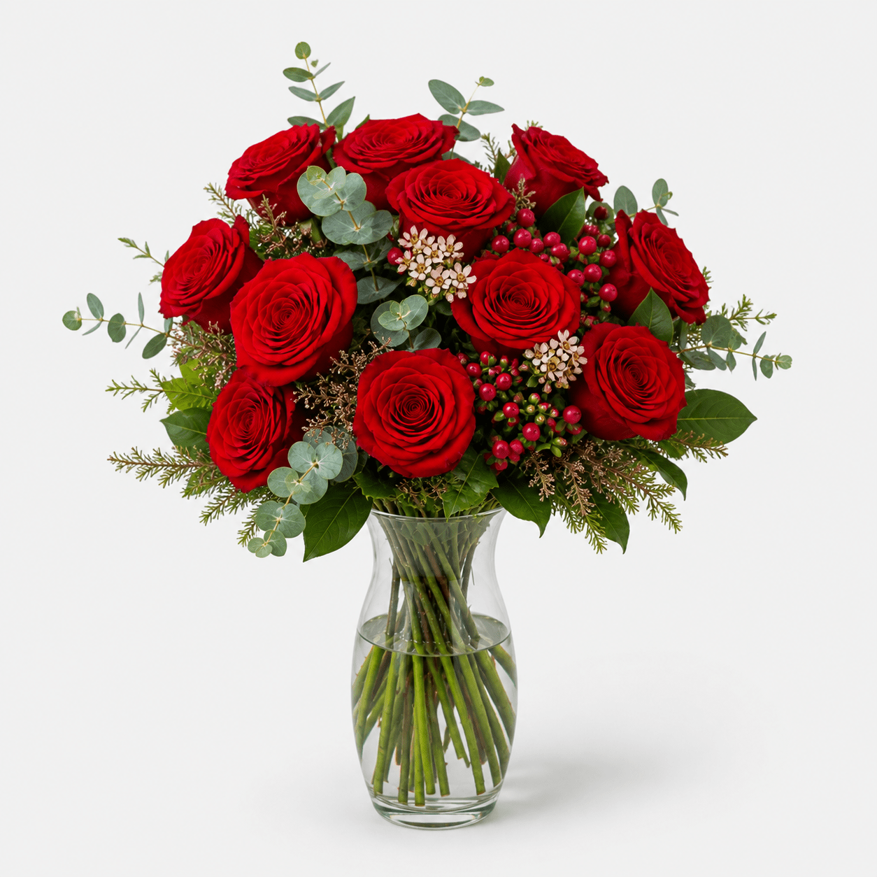 Amor | Ramo de Rosas Rojas, Eucalipto y Verdes Varios - Persa Flores