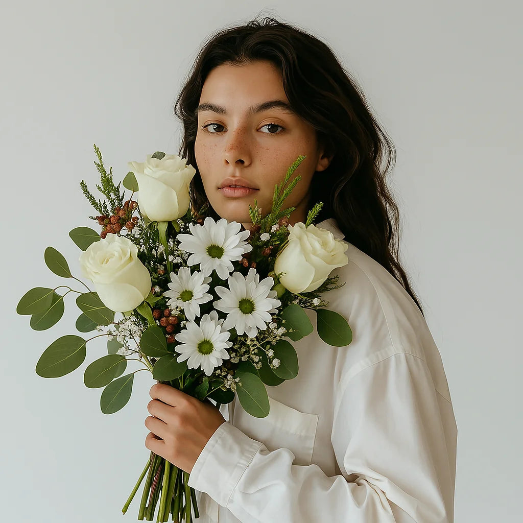Mujer sosteniendo ramo de flores blancas frescas, rosas y margaritas, representando envíos florales a domicilio en España con Persa Flores