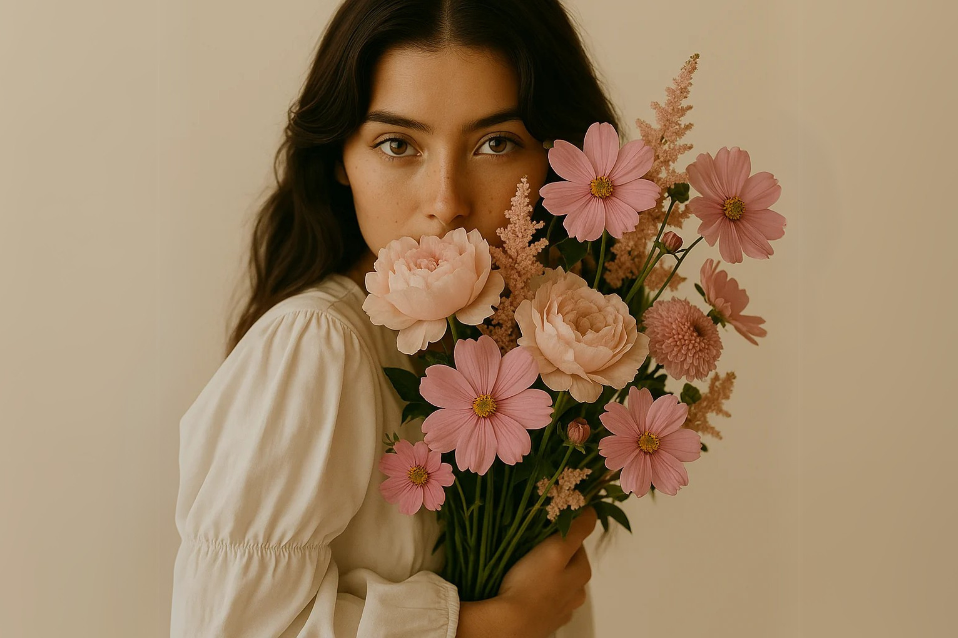 Mujer sosteniendo un ramo de flores rosadas de Persa Flores, floristería online con entrega a domicilio en España
