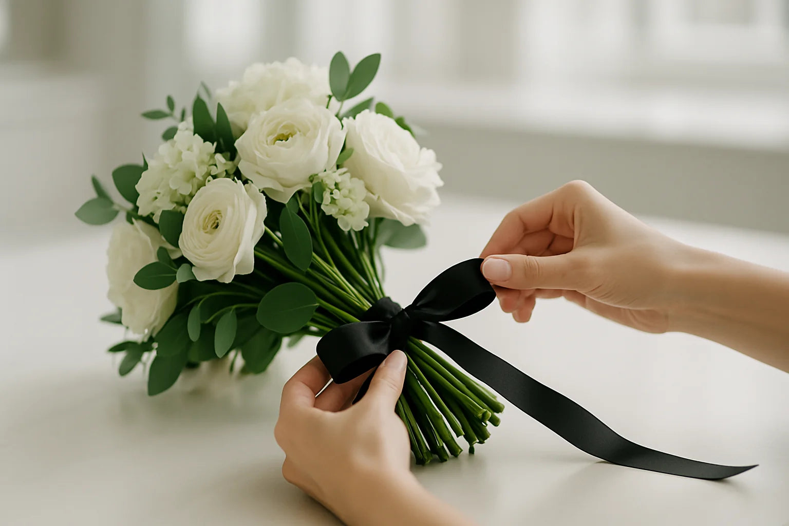 Ramo elegante de rosas blancas siendo preparado cuidadosamente con un lazo negro en Persa Flores
