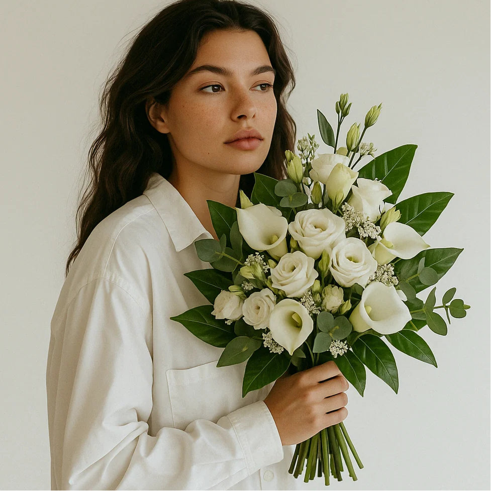 chica sosteniendo un ramo de flores blancos de persa flores con entrega a domicilio en Madrid capital y alrededores.