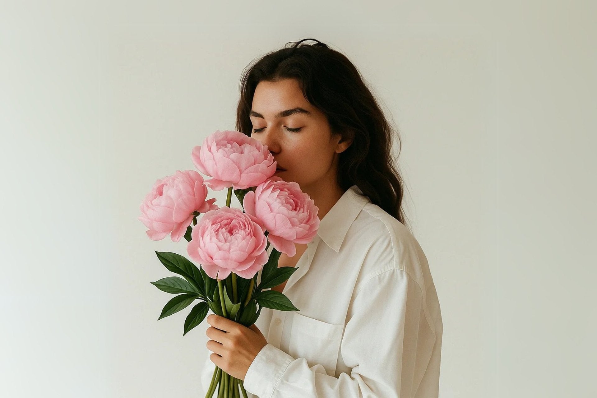 Mujer sosteniendo ramo de peonías frescas y elegantes, ideal para regalar o decorar con delicadeza y sofisticación de Persa Flores.