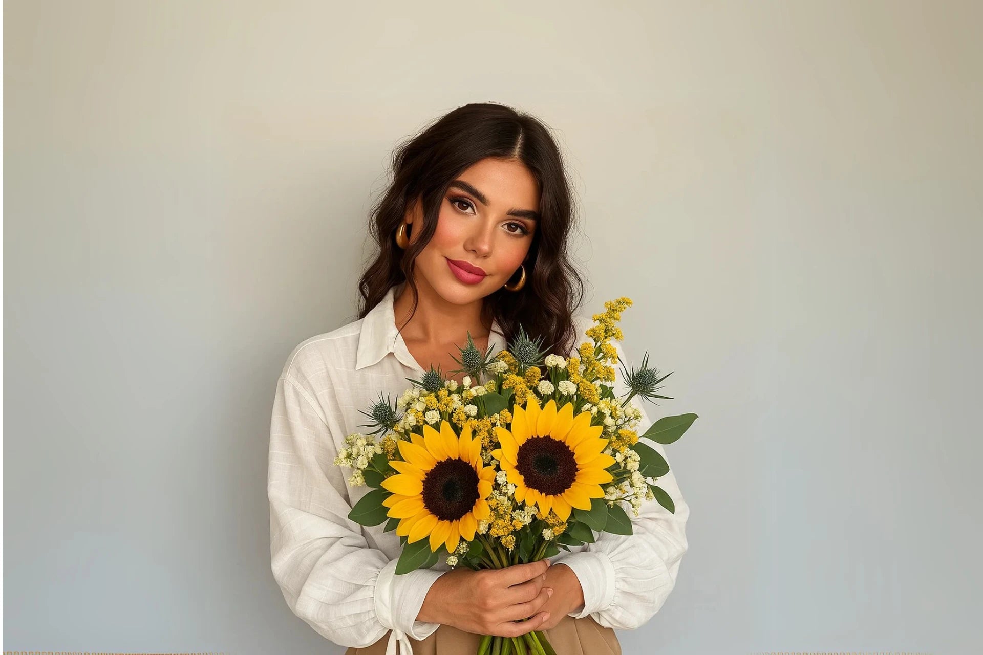 chica guapa sosteniendo un ramo de flores amarillas de persa flores
