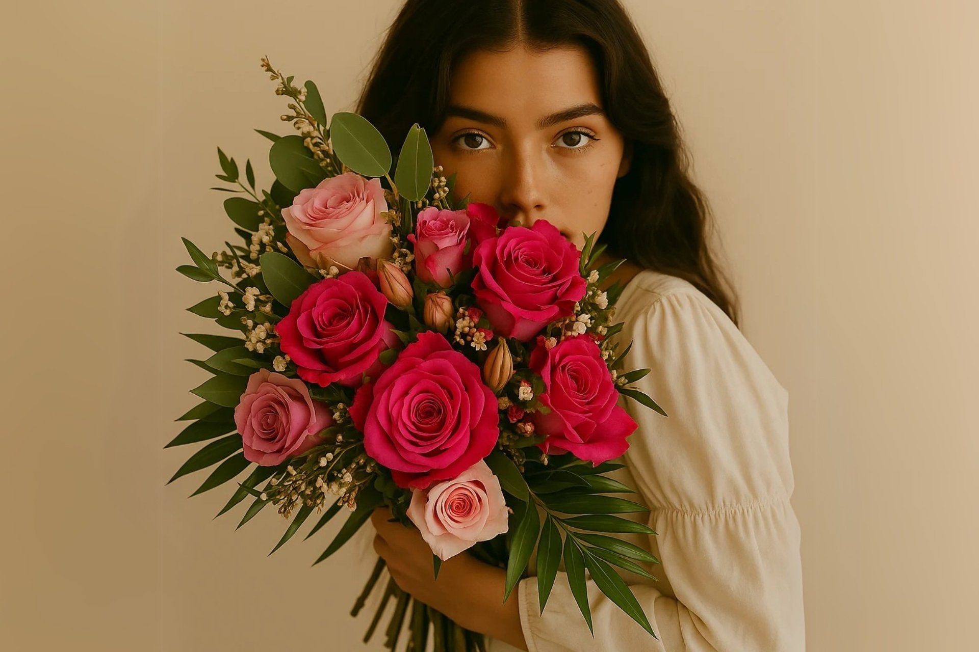 Mujer con elegante ramo de rosas en tonos rosados, regalo romántico ideal para aniversarios en Persa Flores