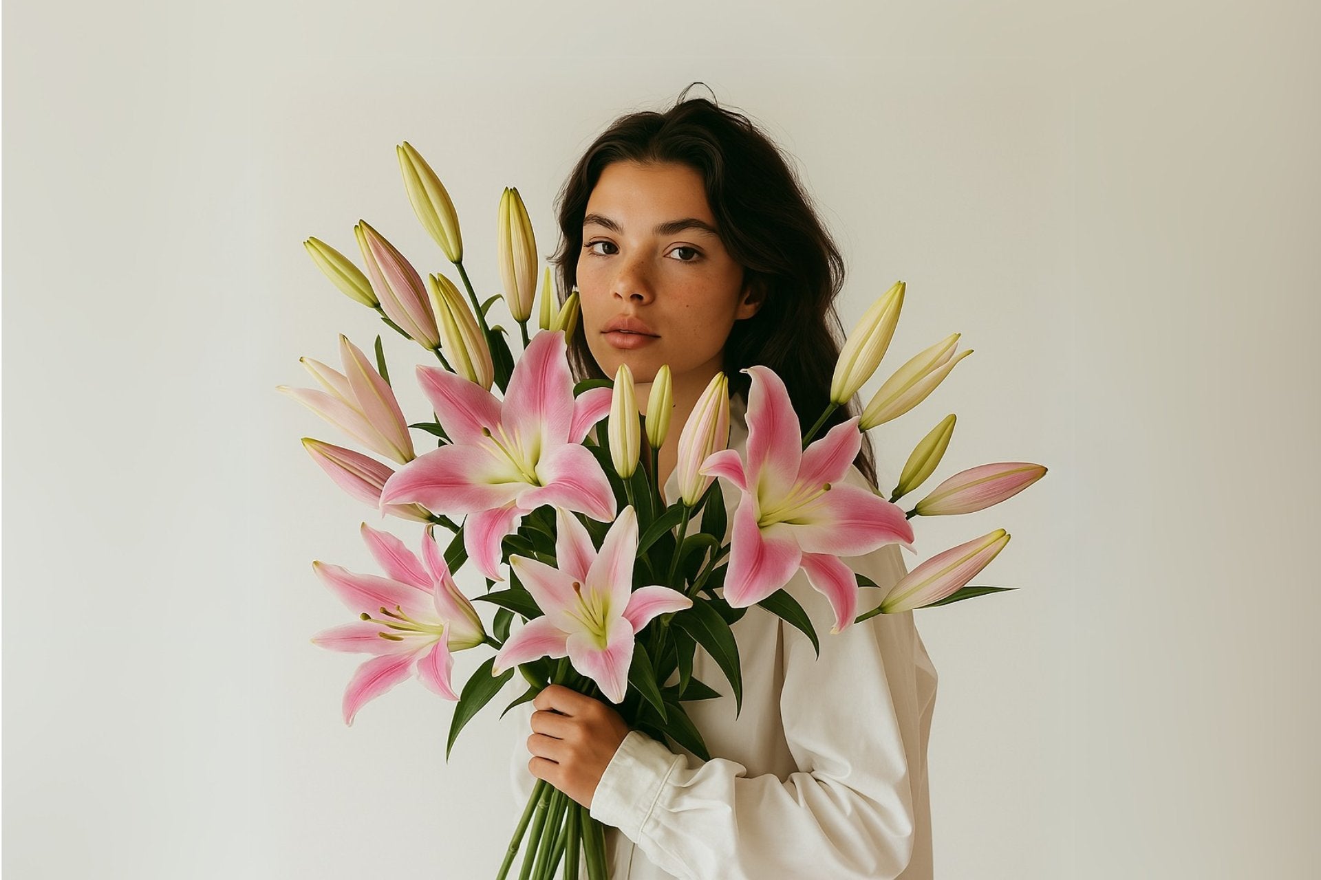 chica guapa sosteniendo un ramo de lirios rosas de persa flores