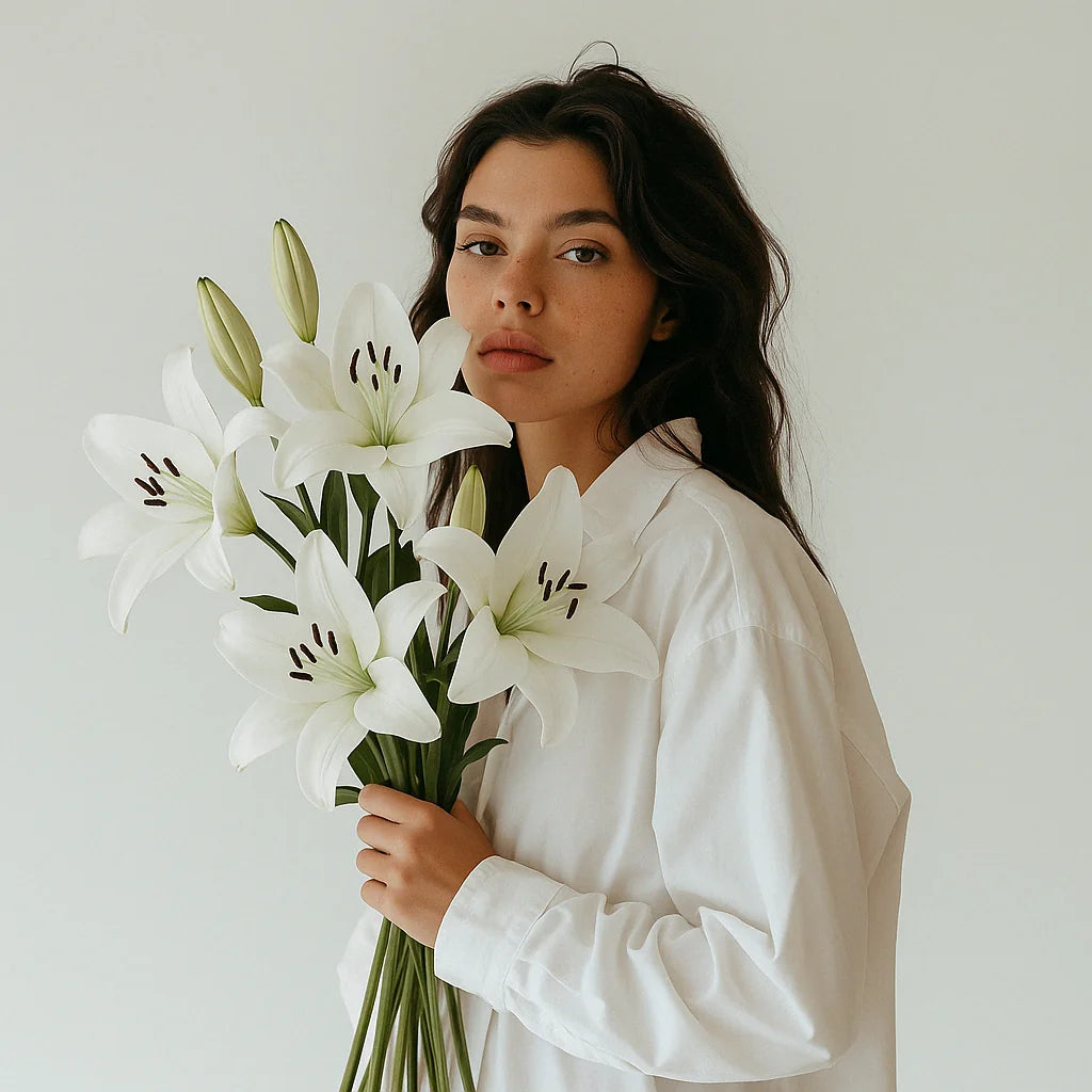 Ramo elegante con lirios blancos y claveles, ideal para expresar pureza y amor maternal en el Día de la Madre