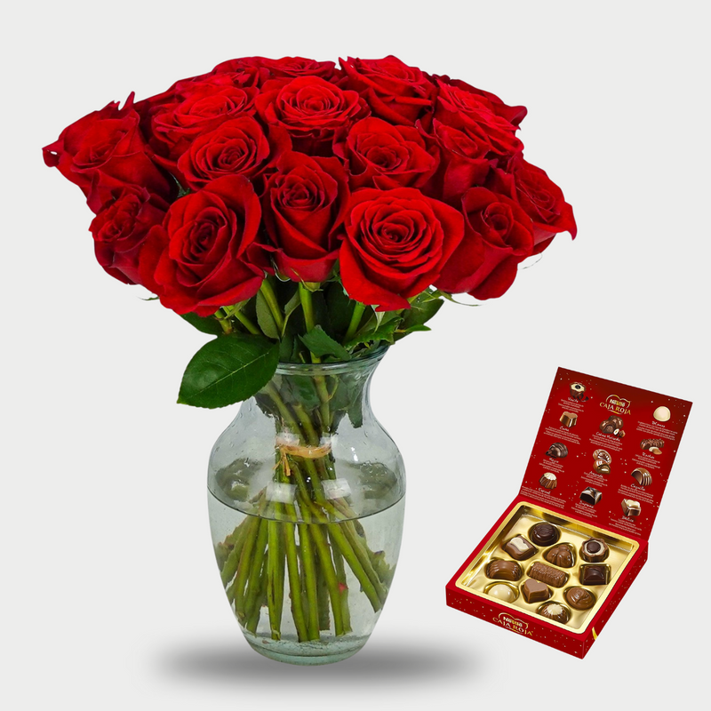Rosas Rojas + Chocolates + Jarrón 🔥OFERTA🔥