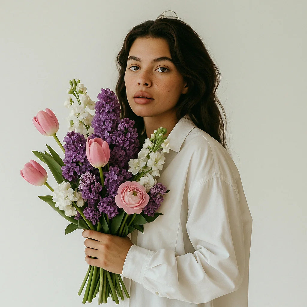 Tulipanes frescos combinados con flores lilas, simbolizando la belleza única y especial de Mamá