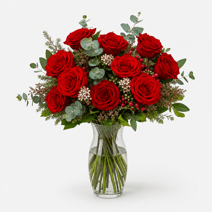 Amor | Ramo de Rosas Rojas, Eucalipto y Verdes Varios - Persa Flores