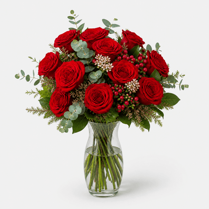 Amor | Ramo de Rosas Rojas, Eucalipto y Verdes Varios - Persa Flores