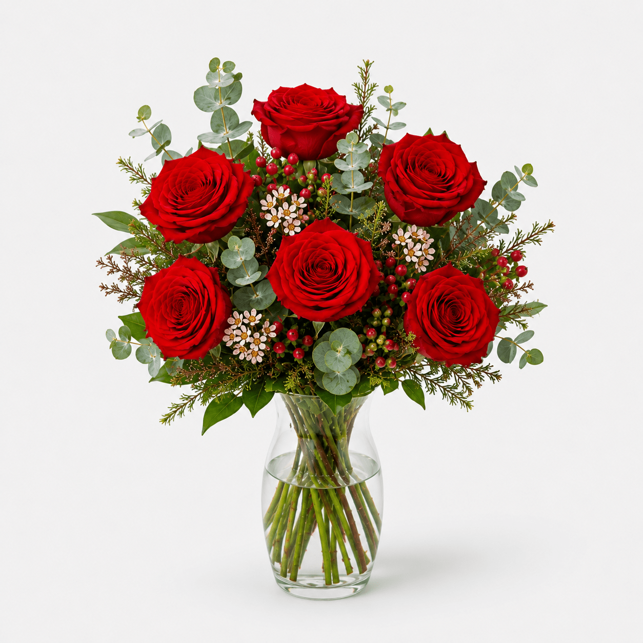 Amor | Ramo de Rosas Rojas, Eucalipto y Verdes Varios - Persa Flores