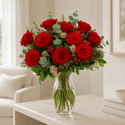 Amor | Ramo de Rosas Rojas, Eucalipto y Verdes Varios - Persa Flores