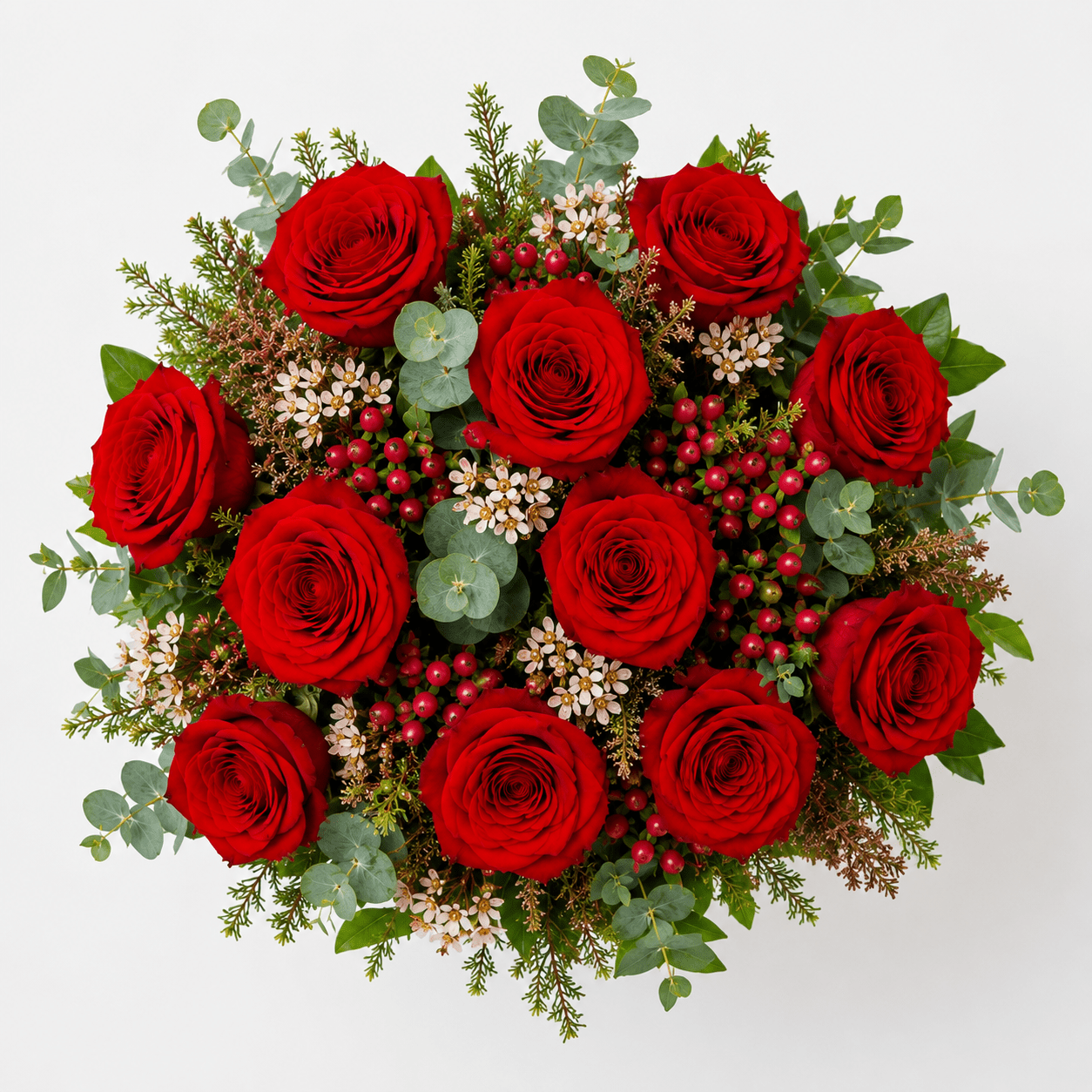 Amor | Ramo de Rosas Rojas, Eucalipto y Verdes Varios - Persa Flores