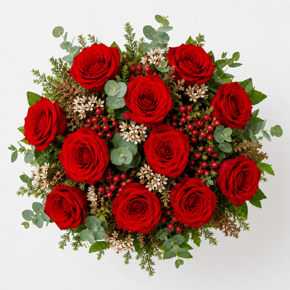 Amor | Ramo de Rosas Rojas, Eucalipto y Verdes Varios - Persa Flores