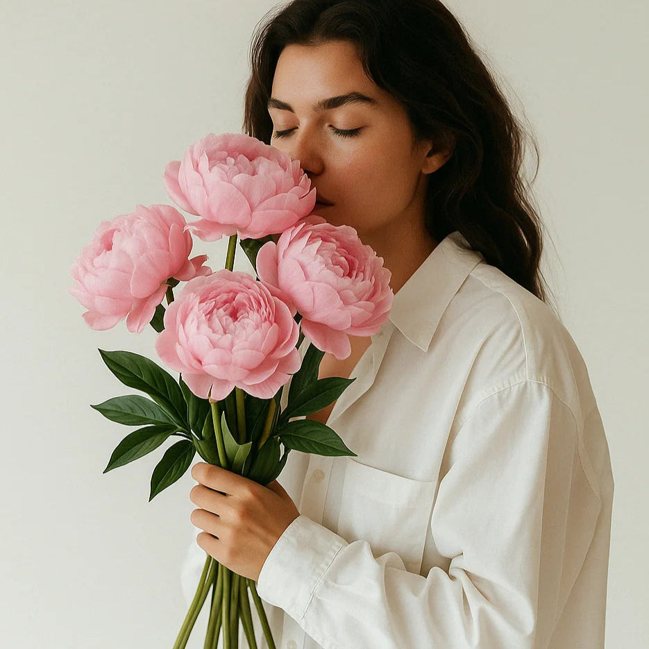 Mujer sosteniendo ramo de peonías frescas y elegantes, ideal para regalar o decorar con delicadeza y sofisticación.