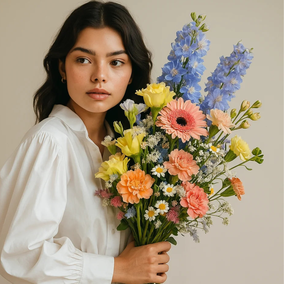 Mujer sosteniendo un delicado ramo en tonos pastel con gerberas y flores variadas, enlace a la colección de Ramos de Gerberas