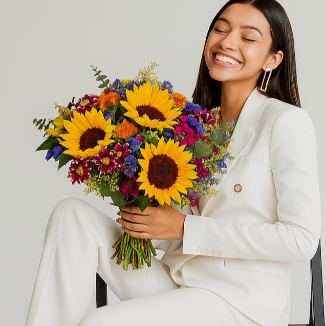 Mujer feliz sosteniendo un ramo colorido con girasoles y flores silvestres, enlace a la colección de Ramos de Girasoles