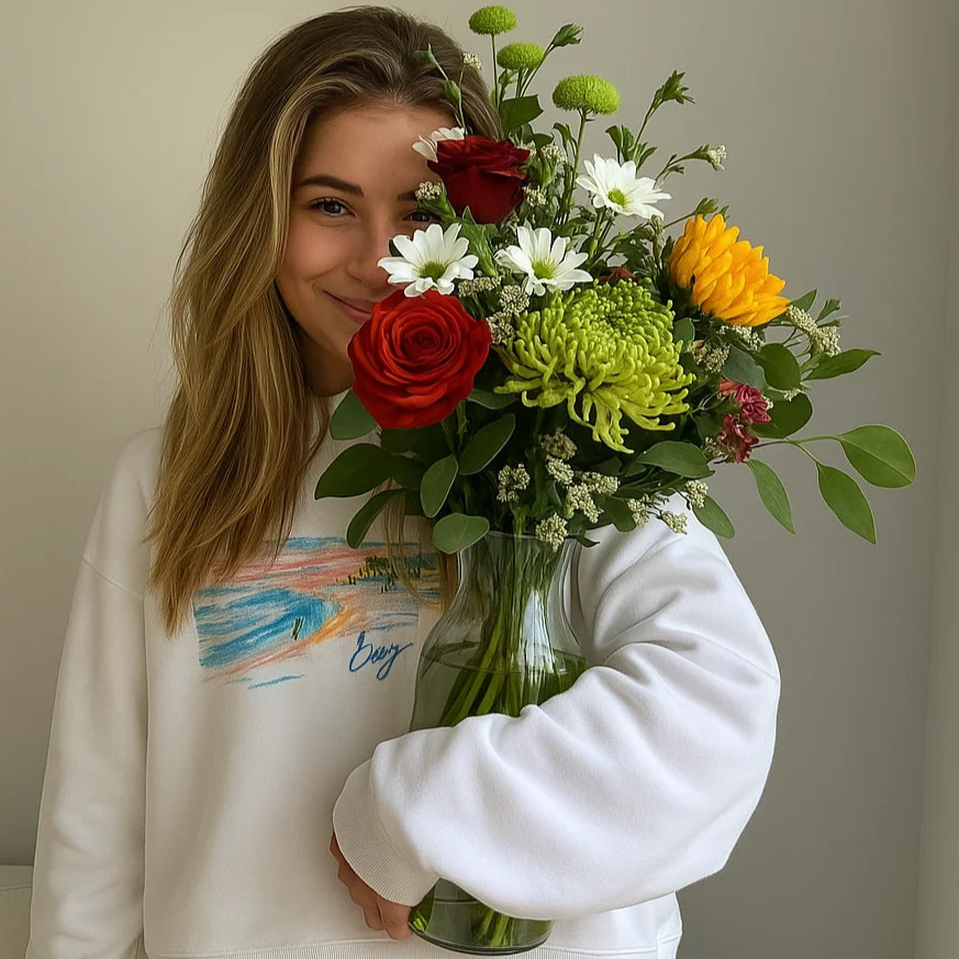 Mujer sonriente mostrando un ramo fresco con margaritas variadas y flores complementarias, enlace a la colección de Ramos de Margaritas