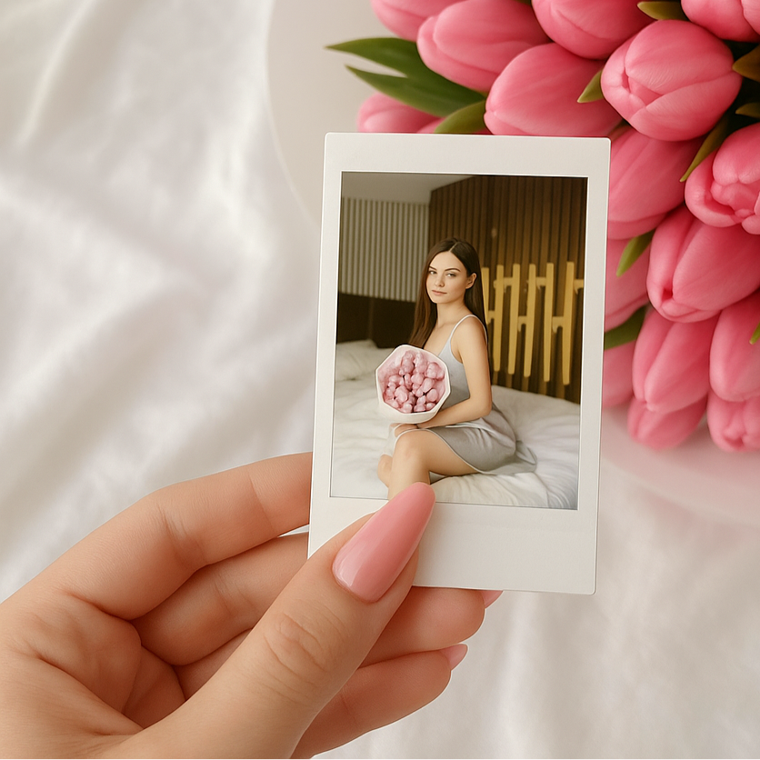 Foto Instax personalizada acompañando ramo de flores de Persa Flores, ideal como regalo original y personalizable.