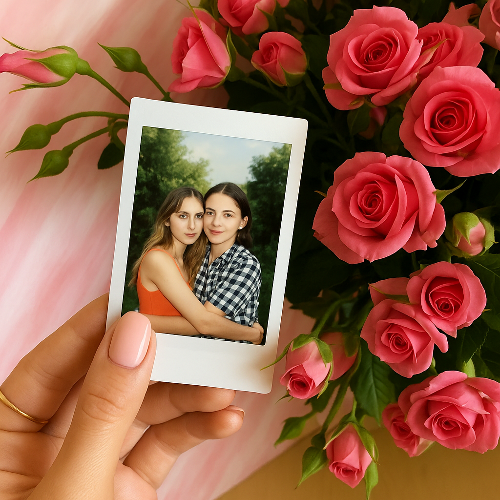 Foto Instax como regalo especial y personalizado junto a un ramo de flores Persa Flores.