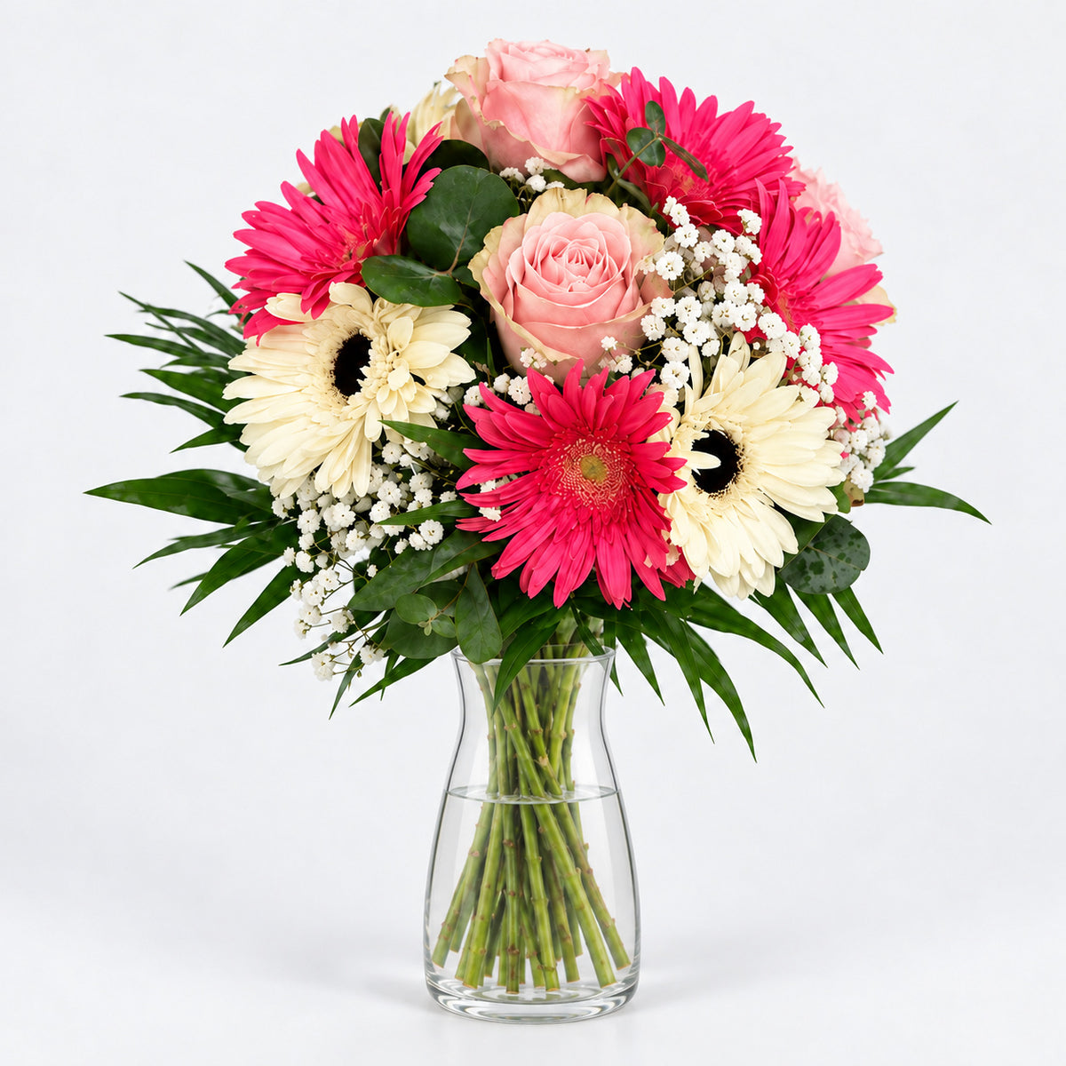 Ramo Margarita de gerberas fucsias y crema, rosas rosadas, paniculata y follaje en jarrón Sakura sobre fondo neutro.