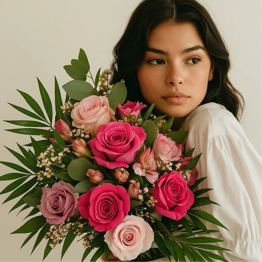 Mujer sosteniendo un ramo artesanal de rosas y flores frescas, representando la pasión y calidad única de Persa Flores para ocasiones especiales
