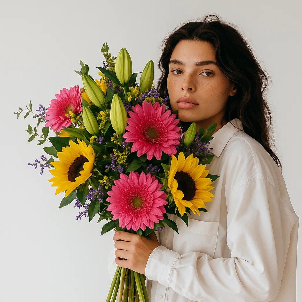 Ramo Alegría – Gerbera Rosa, Girasoles y Lilium Blanco - Persa Flores