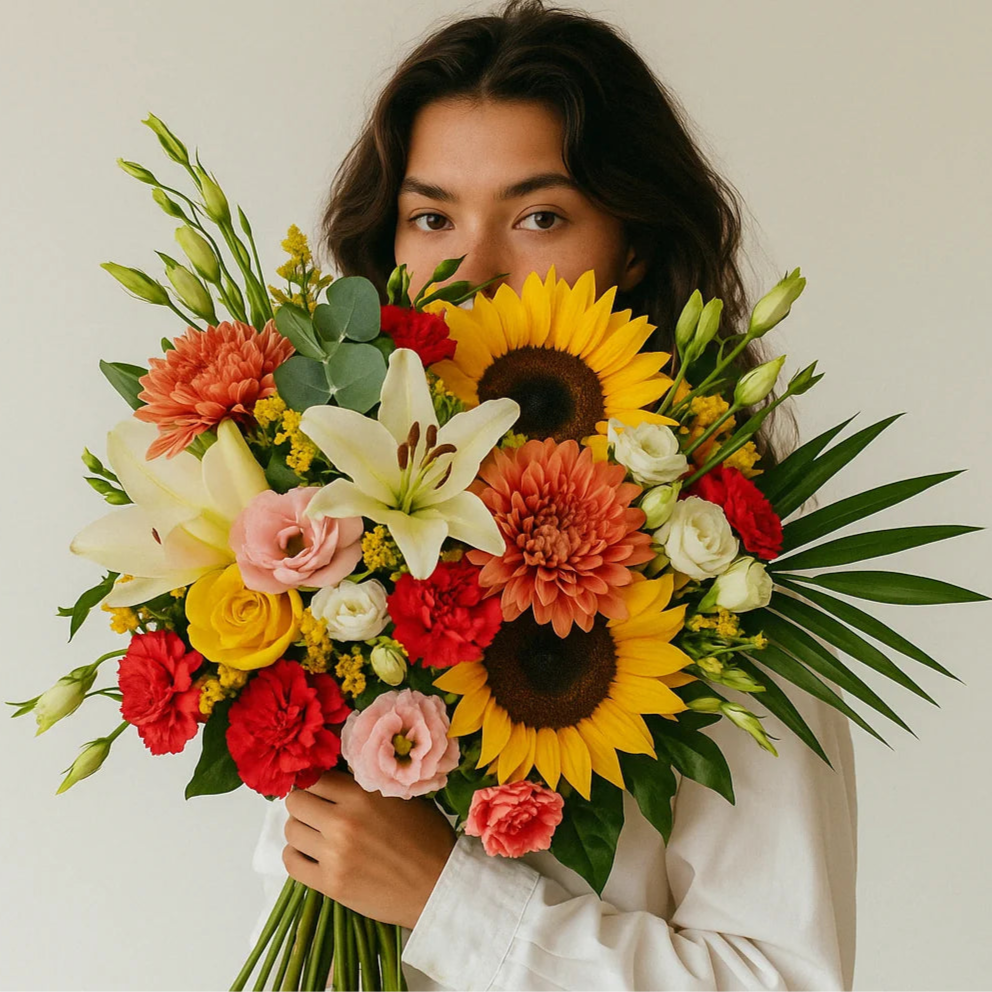 Ramo luminoso y alegre con girasoles frescosy lirios blancos, perfecto para regalar energía positiva y alegría, disponible con envío a domicilio en Persa Flores.