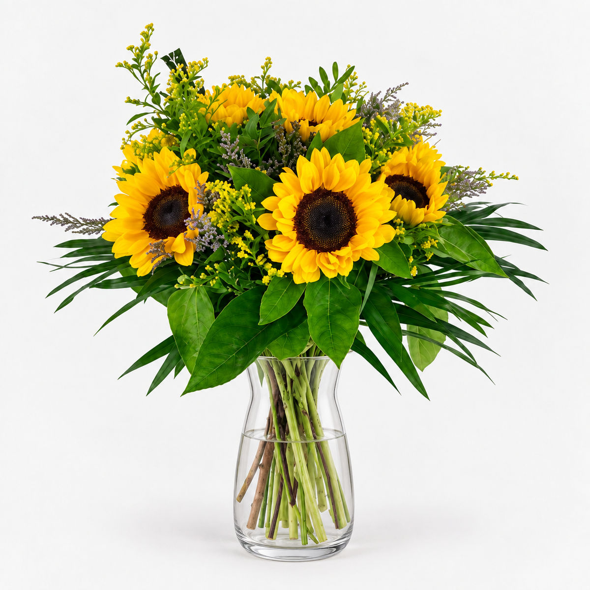 Helios sunflower bouquet with green foliage, front view in the Sakura vase.