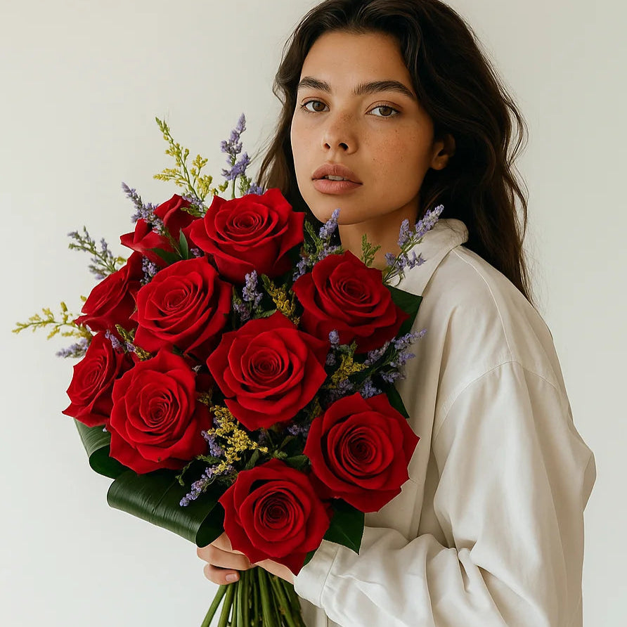 Elegante ramo de rosas rojas premium, ideal para regalos románticos y ocasiones especiales, cuidadosamente preparado por Persa Flores con entrega a domicilio en Espana.