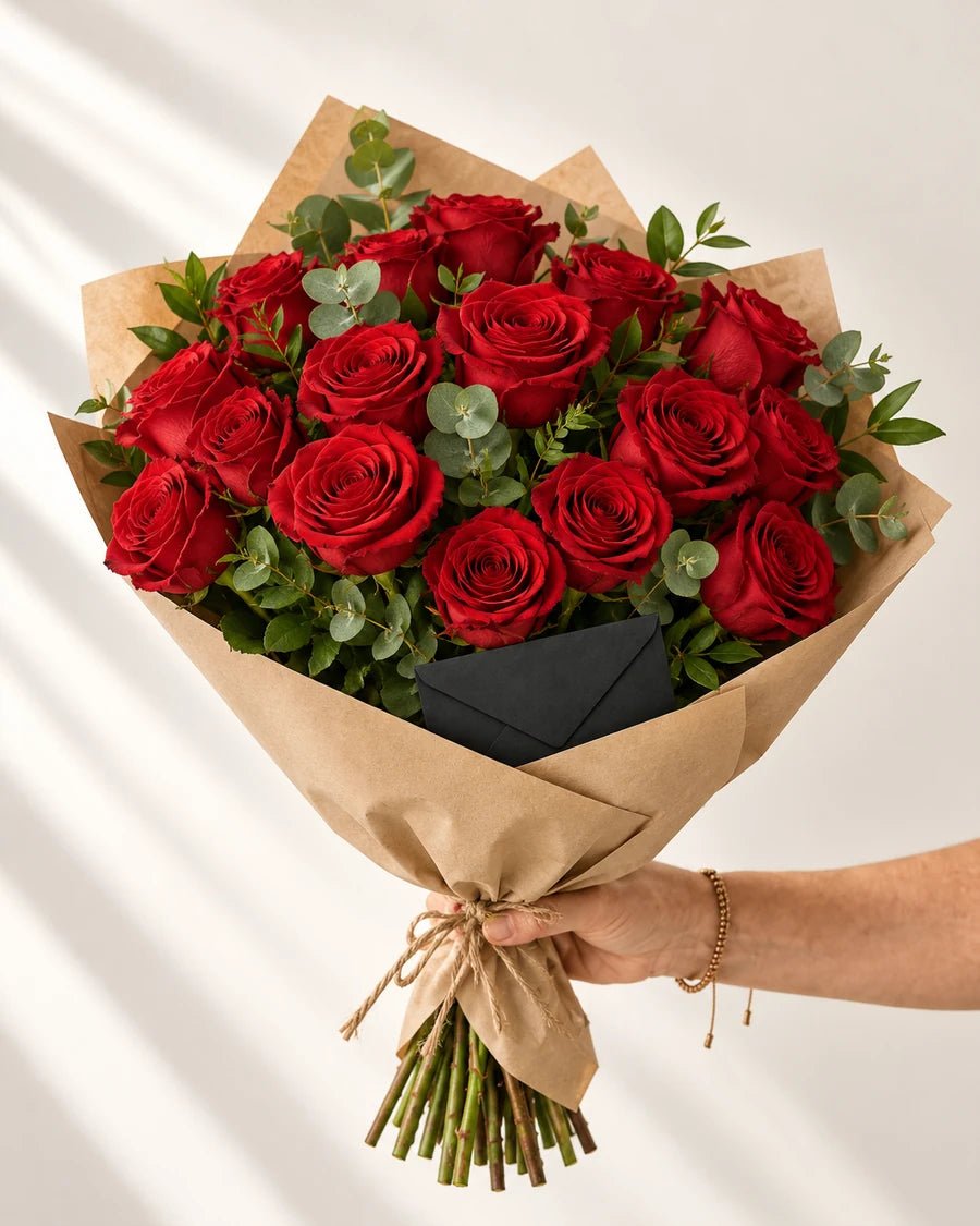 Concepto generado con IA de un ramo de rosas rojas con papel kraft y sobre negro para la dedicatoria.